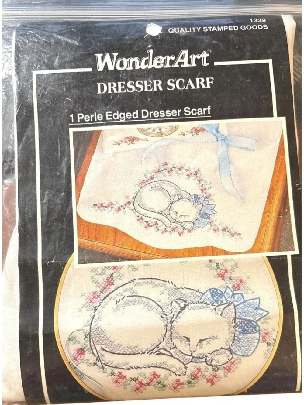 Vintage Perle Edged Dresser Embroidery Scarf Stamped Sleeping CAT DESIGN ONLY